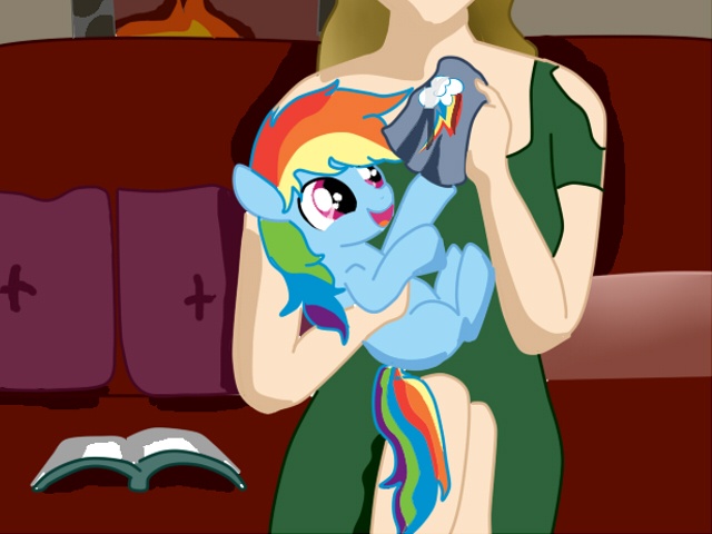 Size: 640x480 | Tagged: safe, artist:lalalalala421, derpibooru import, rainbow dash, human, pony, book, cute, dashabetes, female, filly, holding a pony