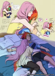 Size: 749x1034 | Tagged: safe, artist:hazurasinner, derpibooru import, fluttershy, rainbow dash, human, bed, blushing, comic, cuddling, female, flutterdash, from behind, hug, humanized, lesbian, midriff, pregnant, shipping, sketch dump, sleeping