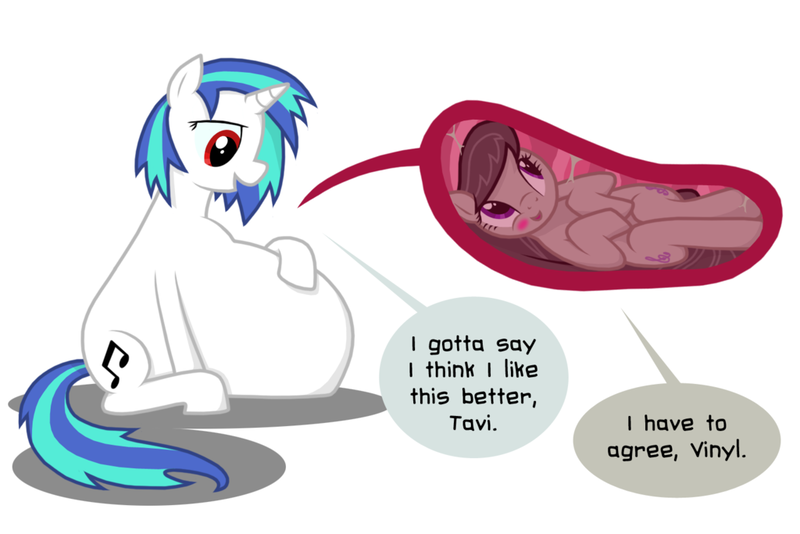 Size: 1024x683 | Tagged: source needed, questionable, artist:irateliterate, derpibooru import, octavia melody, vinyl scratch, belly, blushing, dialogue, female, fetish, impossibly large belly, internal, lesbian, scratchtavia, shipping, soft vore, vinyl pred, vore, willing vore