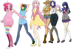 Size: 1000x692 | Tagged: applejack, artist:magicarin, belly button, cleavage, clothes, converse, daisy dukes, derpibooru import, dress, female, fluttershy, front knot midriff, humanized, line-up, magic, mane six, midriff, pinkie pie, rainbow dash, rarity, safe, shoes, skinny, skirt, twilight sparkle, wip