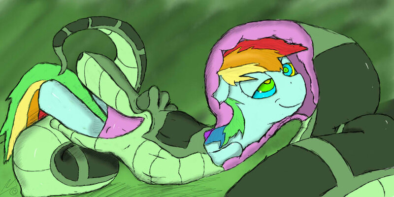 Size: 1024x512 | Tagged: questionable, artist:jockbock, derpibooru import, rainbow dash, pony, snake, fetish, kaa, kaa eyes, mind control, taste the rainbow, vore, x-ray