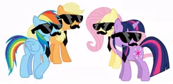 Size: 936x458 | Tagged: applejack, derpibooru import, fluttershy, mousdash, moustache, rainbow dash, safe, sunglasses, twilight sparkle