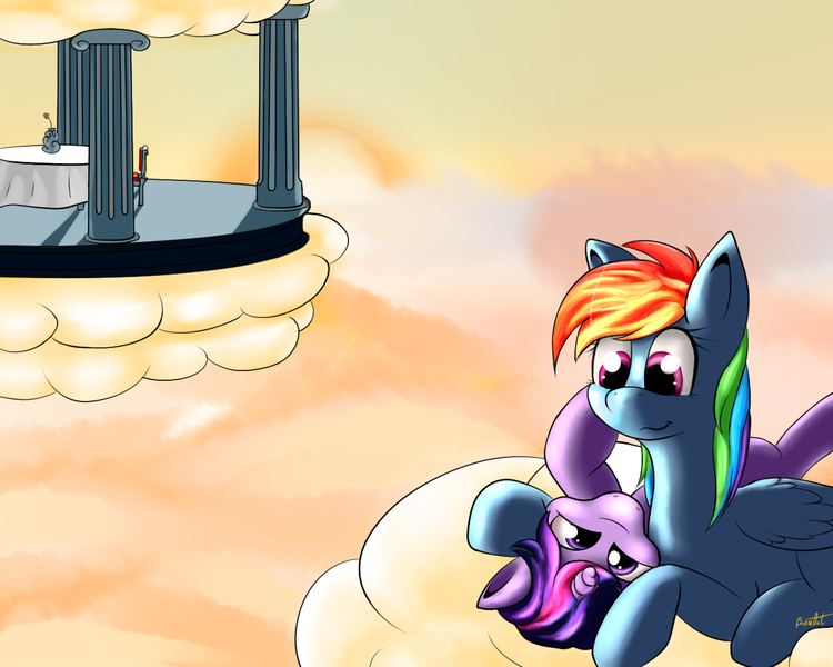 Size: 1280x1024 | Tagged: safe, artist:burnout42, derpibooru import, rainbow dash, twilight sparkle, cloud, female, lesbian, on back, shipping, sky, twidash