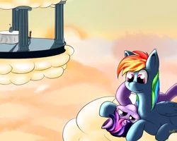 Size: 1280x1024 | Tagged: safe, artist:burnout42, derpibooru import, rainbow dash, twilight sparkle, cloud, female, lesbian, on back, shipping, sky, twidash