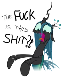 Size: 4043x5000 | Tagged: safe, artist:zutheskunk, derpibooru import, queen chrysalis, absurd resolution, dialogue, female, open mouth, reaction image, simple background, solo, tongue out, transparent background, vector, vulgar