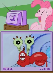 Size: 563x770 | Tagged: safe, derpibooru import, pinkie pie, earth pony, pony, female, male, mare, meme, mr. krabs, spongebob squarepants, squeaky boots, tv meme