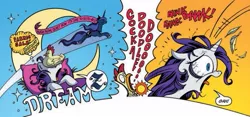 Size: 907x425 | Tagged: safe, artist:andypriceart, derpibooru import, idw, princess luna, rarity, alicorn, chicken, pony, unicorn, spoiler:comic, bloodshot eyes, callback, chicken on your head, cock-a-doodle-doo, crescent moon, dream, dream walker luna, feather, hush now quiet now, messy mane, micro-series, moon, sleeping, z