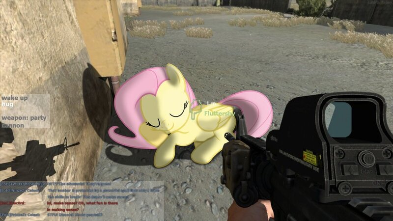 Size: 1024x576 | Tagged: arma 2, artist:colorfulbrony, derpibooru import, desert, fluttershy, gun, m4a1, ponies in video games, rifle, safe, sleeping, wasteland