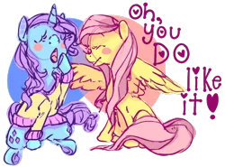 Size: 850x630 | Tagged: artist needed, source needed, safe, derpibooru import, fluttershy, rarity, clothes, female, flarity, lesbian, shipping, sweater