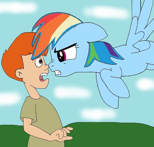 Size: 1624x1542 | Tagged: artist:gloverboy21, derpibooru import, encounter, human, rainbow dash, safe, suspicious