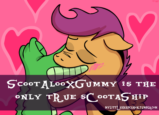 Size: 550x400 | Tagged: blushing, derpibooru import, exploitable meme, female, gummy, gummyloo, interspecies, kissing, male, mylittleheadcanon, otp, safe, scootaloo, shipping, straight