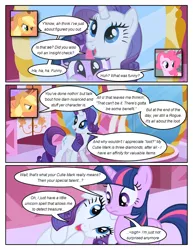 Size: 612x792 | Tagged: safe, artist:newbiespud, derpibooru import, edit, edited screencap, screencap, applejack, pinkie pie, rarity, twilight sparkle, earth pony, pony, unicorn, comic:friendship is dragons, friendship is magic, season 1, carousel boutique, comic, cowboy hat, female, floppy ears, hat, hooves, horn, mare, mirror, open mouth, reflection, screencap comic, unicorn twilight