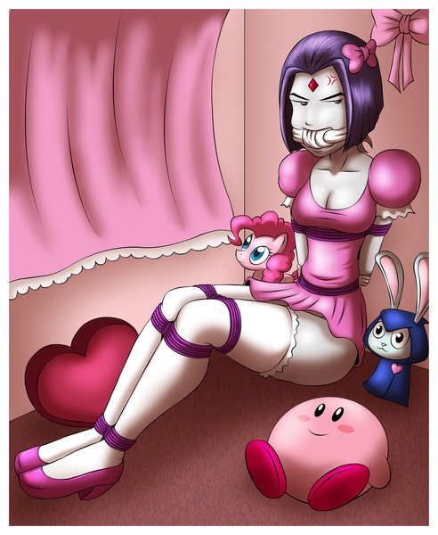 Size: 2051x2500 | Tagged: artist:humite-ubie, barely pony related, bondage, breasts, bunny raven, cleavage, cloth gag, derpibooru import, gag, kirby, pinkie pie, pony reference, questionable, raven (teen titans), reference, teen titans, toy
