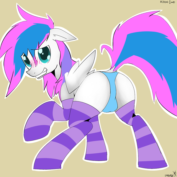 Size: 1280x1280 | Tagged: questionable, artist:cymek, derpibooru import, oc, unofficial characters only, pegasus, pony, balls, blushing, clothes, crossdressing, crotch bulge, male, panties, plot, socks, solo, solo male, striped socks, taint, underwear