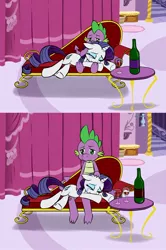 Size: 1158x1749 | Tagged: safe, artist:pia-sama, artist:voodoogecko, derpibooru import, rarity, spike, comic, drinking alone except with two, female, friendzone, male, older, sad, shipping, sparity, straight, teenage spike, wine