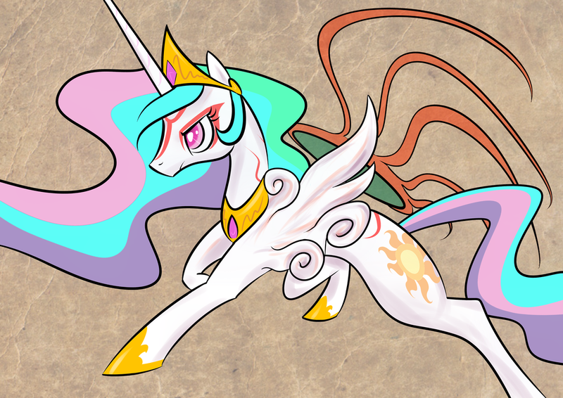 Size: 1024x724 | Tagged: artist:xul410170, crossover, derpibooru import, okami, princess celestia, safe, solo, style emulation