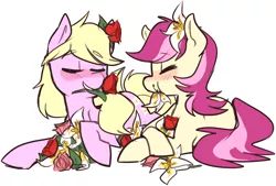 Size: 1246x840 | Tagged: artist:ghost, blushing, derpibooru import, eating, flower, herbivore, horses doing horse things, lily, lily valley, roseluck, safe, simple background, white background