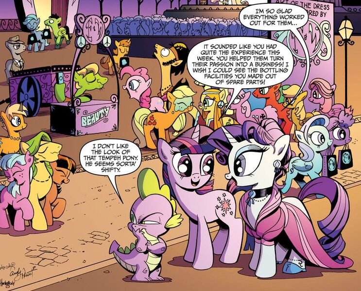 Size: 1063x858 | Tagged: applejack, derpibooru import, flax seed, flax seed looks at stuff, fringe, idw, observer, pinkie pie, rarity, safe, spike, spoiler:comic, spoiler:micro03, tempeh, tofu, twilight sparkle, wheat grass