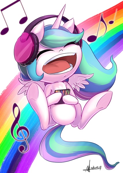 Size: 2760x3888 | Tagged: artist:jggjqm522, clef, cute, cutelestia, daaaaaaaaaaaw, derpibooru import, diabetes, filly, happy, headphones, hnnng, music notes, princess celestia, rainbow, safe, solo