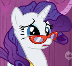 Size: 400x363 | Tagged: animated, art of the dress, derpibooru import, eye twitch, glasses, rarity, reaction image, safe, screencap, solo, stressed, twitch