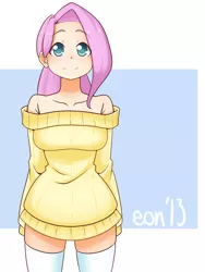 Size: 600x800 | Tagged: artist:eonhite, breasts, busty fluttershy, clothes, cute, derpibooru import, female, fluttershy, human, humanized, safe, shyabetes, solo, sweater, sweatershy