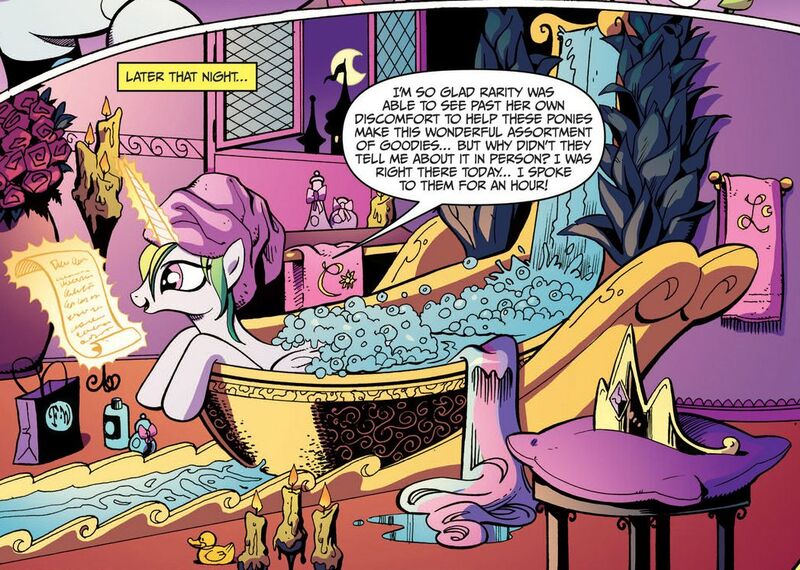 Size: 1048x747 | Tagged: artist:andypriceart, bath, bathtub, bubble, bubble bath, candle, derpibooru import, idw, idw micro series, leaning, magic, micro-series, open mouth, princess celestia, reading, safe, scroll, smiling, spoiler:comicm03, telekinesis, tiara, towel, towel on head, wet mane, window