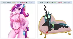 Size: 526x282 | Tagged: suggestive, artist:andypriceart, artist:masem, artist:skykain, derpibooru import, edit, idw, princess cadance, queen chrysalis, anthro, changeling, changeling queen, the return of queen chrysalis, spoiler:comic, .svg available, absurd resolution, armpits, bra, breasts, clothes, couch, draw me like one of your french girls, exploitable meme, fainting couch, female, flower, idw showified, juxtaposition, juxtaposition win, lingerie, panties, pensive, rose, simple background, solo, solo female, teen princess cadance, tongue out, transparent background, underwear, vector, wink