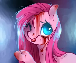 Size: 600x500 | Tagged: semi-grimdark, artist:xarakayx, derpibooru import, pinkie pie, earth pony, pony, :p, blood, bust, colored pupils, cute, cuteamena, female, grimcute, looking at you, mare, one eye closed, pinkamena diane pie, portrait, solo, tongue out, unshorn fetlocks, wink