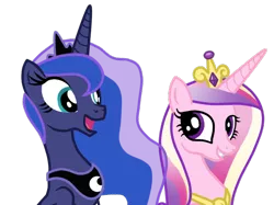 Size: 630x471 | Tagged: artist:andreamelody, derpibooru import, grin, open mouth, princess cadance, princess luna, safe, simple background, transparent background, vector