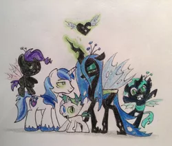 Size: 2284x1936 | Tagged: artist:mrhaliboot, bad end, changeling, derpibooru import, heart, hybrid, interspecies offspring, magic, mind control, offspring, parent:queen chrysalis, parent:shining armor, parents:shining chrysalis, queen chrysalis, safe, shining armor, simple background, the bad guy wins, traditional art, white background
