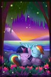 Size: 730x1095 | Tagged: safe, artist:madmax, derpibooru import, rainbow dash, twilight sparkle, pegasus, pony, unicorn, beach, cuddling, dawn, eyes closed, female, flower, lesbian, mare, mountain, ocean, scenery, shipping, sleeping, snuggling, spread wings, tree, twidash, unicorn twilight, watermark, wings