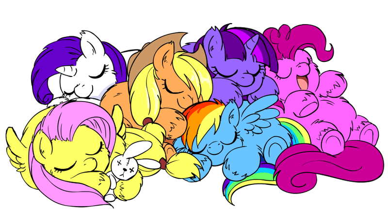 Size: 850x492 | Tagged: safe, artist:marcusmaximus, derpibooru import, applejack, fluttershy, pinkie pie, rainbow dash, rarity, twilight sparkle, fluffy pony, cuddle puddle, cuddling, fluff pile, fluffy pony original art, fluffydash, fluffyjack, fluffyshy, hugbox, image, mane six, pinkiefluff, png, rarifluff, sleeping, twifluff