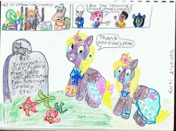 Size: 900x671 | Tagged: safe, artist:xarti, derpibooru import, derpy hooves, dinky hooves, oc, human, pegasus, pony, unicorn, :c, :o, bracelet, clothes, crossover, crown, crying, derp, dress, female, flower, frown, grave, gravestone, immortality blues, jewelry, mare, open mouth, regalia, rest in peace, sad, wat