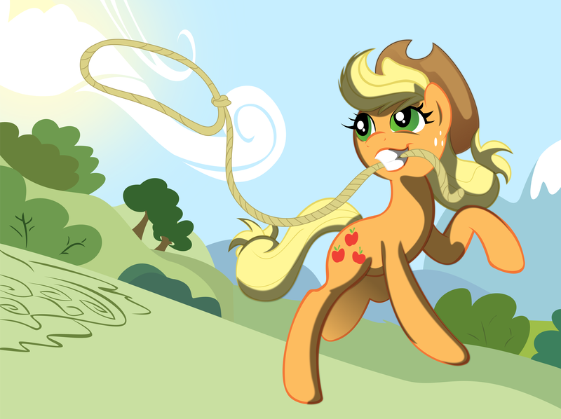 Size: 5399x4034 | Tagged: safe, artist:kp-shadowsquirrel, derpibooru import, applejack, absurd resolution, lasso, mouth hold, running, solo