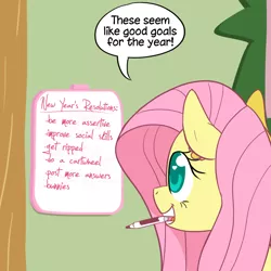 Size: 1000x1000 | Tagged: safe, artist:ponett, derpibooru import, fluttershy, pegasus, pony, ask, dialogue, female, mare, marker, mouth hold, new year's resolution, smiling, solo, speech bubble, teeth, text, whiteboard