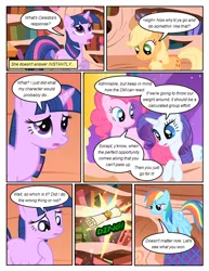 Size: 612x792 | Tagged: safe, artist:newbiespud, derpibooru import, edit, edited screencap, screencap, applejack, pinkie pie, rainbow dash, rarity, twilight sparkle, earth pony, pegasus, pony, unicorn, comic:friendship is dragons, friendship is magic, book, comic, looking down, looking up, onomatopoeia, screencap comic, scroll, unicorn twilight