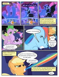 Size: 612x792 | Tagged: safe, artist:newbiespud, derpibooru import, edit, edited screencap, screencap, applejack, nightmare moon, rainbow dash, spike, twilight sparkle, alicorn, dragon, earth pony, pegasus, pony, unicorn, comic:friendship is dragons, friendship is magic, balcony, comic, ethereal mane, female, looking down, looking up, male, mare, mouth hold, onomatopoeia, screencap comic, starry mane, tail, tail pull, unicorn twilight