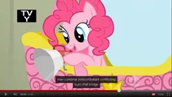 Size: 854x483 | Tagged: safe, derpibooru import, screencap, pinkie pie, fall weather friends, hot air balloon, megaphone, youtube, youtube caption