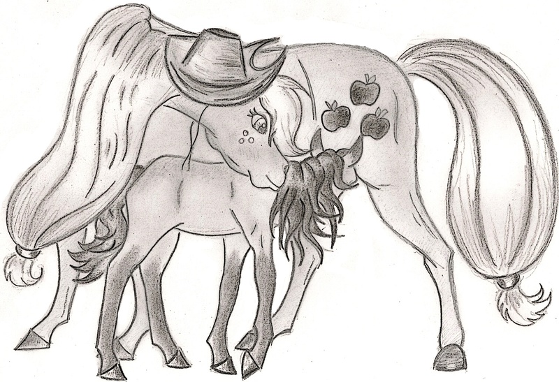 Size: 1509x1032 | Tagged: applejack, artist:blueaugen, breastfeeding, derpibooru import, foal, horse, horses doing horse things, mommajack, monochrome, nonsexual nursing, nursing, oc, oc:apple core, offspring, parent:applejack, realistic, safe, suckling, traditional art