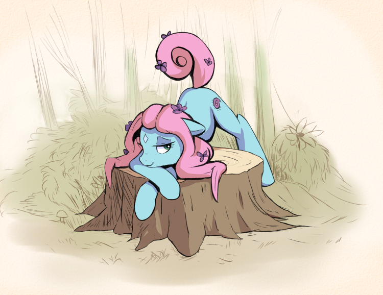 Size: 750x578 | Tagged: artist:jalm, bedroom eyes, derpibooru import, female, forest, hippie, idw, may flowers, presenting, raised tail, safe, solo, tree, tree stump