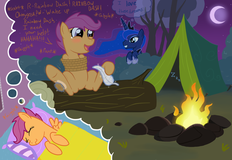 Size: 1052x724 | Tagged: artist:darkknighthoof, artist:darkknightwolf2011, artist:varikki, blushing, bondage, brush, campfire, colored, derpibooru import, dream, dream walker luna, feather, hoof fetish, hoof tickling, hooves, princess luna, questionable, scootaloo, sleeping, tent, tickle torture, tickling