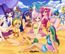 Size: 1896x1570 | Tagged: adorasexy, anime, apple bloom, applejack, artist:butterflywingies, artist:yokokinawa, barefoot, beach, beach ball, belly button, bicolor swimsuit, bikini, blue swimsuit, blushing, book, book of friendship, bow, bow swimsuit, breasts, buried in sand, cape, clothes, cloud, collaboration, crab, cute, cutie mark crusaders, cutie mark swimsuit, derpibooru import, derpy hooves, elements of harmony, everyone, eyes closed, feet, female, flag, fluttershy, frilled swimsuit, glasses, gray swimsuit, hair bow, hat, headphones, human, humanized, inflatable, jeweled swimsuit, looking at you, male, mane seven, mane six, mp3 player, one eye closed, one-piece swimsuit, open mouth, orange swimsuit, o-ring swimsuit, pinkie pie, pink swimsuit, playing, princess celestia, princess luna, purple swimsuit, rainbow dash, rarity, royal sisters, safe, sand, sandals, sandcastle, sarong, scootaloo, seagull, seashell, sexy, sitting, sky, smiling, spike, striped swimsuit, sweetie belle, swimsuit, tricolor swimsuit, trixie, trixie's cape, trixie's hat, twilight sparkle, umbrella, vacation, vinyl scratch, wall of tags, white swimsuit, wink, yellow swimsuit, zecora