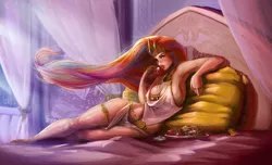 Size: 1680x1024 | Tagged: suggestive, artist:quizzicalkisses, derpibooru import, princess celestia, human, princess molestia, armpits, bed, bedroom, belly button, blushing, breasts, busty princess celestia, cleavage, cream, curvy, draw me like one of your french girls, drool, drool string, erect nipples, female, food, foodplay, fruit, humanized, jewelry, loincloth, looking at you, messy, midriff, night, pillow, seductive look, seductive pose, sexy, side, sideboob, solo, solo female, strawberry, stupid sexy celestia, teasing, tongue out, windswept mane