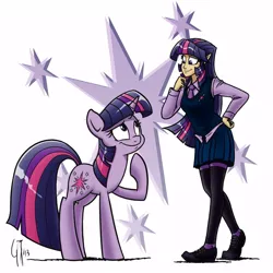 Size: 1000x1000 | Tagged: safe, artist:glancojusticar, derpibooru import, twilight sparkle, human, pony, unicorn, clothes, elf ears, female, human ponidox, humanized, looking at each other, mare, necktie, skirt, smiling, sweater vest