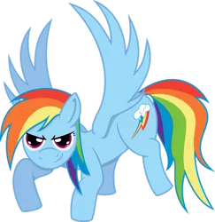 Size: 881x907 | Tagged: safe, artist:baka-neku, derpibooru import, rainbow dash, pegasus, pony, crouching, female, mare, simple background, smiling, solo, spread wings, transparent background, wings