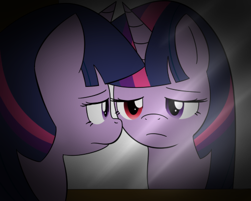 Size: 500x400 | Tagged: safe, artist:lamia, derpibooru import, twilight sparkle, duality, heterochromia, mirror, sad