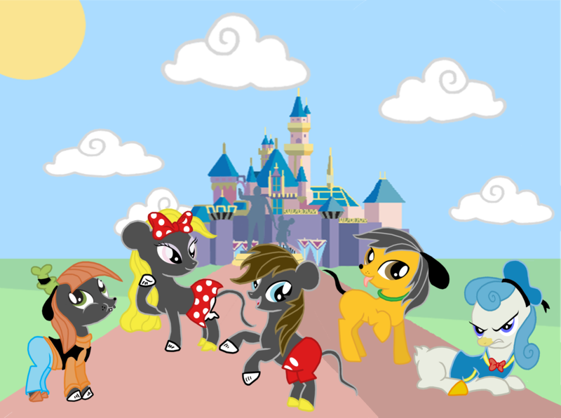 Size: 2684x2000 | Tagged: artist:jousan, castle, derpibooru import, disney, disneyland, donald duck, goofy, mickey mouse, minnie mouse, pluto, ponified, rule 63, safe, style emulation, walt disney