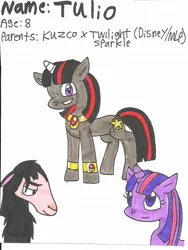 Size: 864x1152 | Tagged: artist:cmara, crossover, crossover shipping, derpibooru import, disney, familiar, female, hybrid, interspecies offspring, kuzco, llama, male, oc, oc:tulio, offspring, parent:kuzco, parent:twilight sparkle, safe, straight, the emperor's new groove, traditional art, twilight sparkle, what has science done