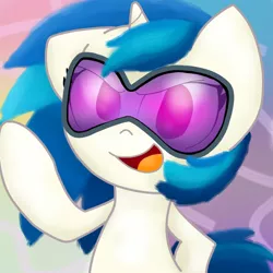 Size: 800x800 | Tagged: artist:twithehedgehog, color, colored, colourful, cool, cute, derpibooru import, floppy ears, goggles, happy, looking at you, musician, safe, solo, vinylbetes, vinyl scratch