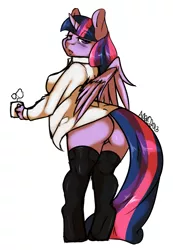 Size: 1280x1849 | Tagged: anthro, artist:avante92, ass, bottomless, breasts, clothes, cup, dead source, derpibooru import, female, simple background, solo, solo female, stockings, suggestive, sweater, twilight sparkle, twilight sparkle (alicorn), unguligrade anthro